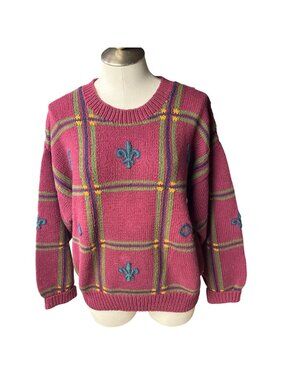 Claiborne Knitted By Hand Sweater Fleur-De-Lis Plaid Pink Green Cotton Women’s M